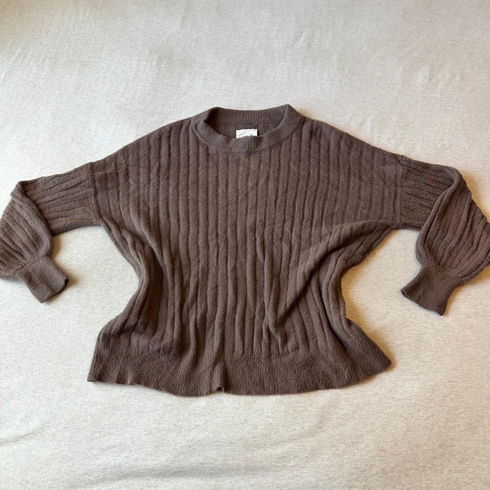 Aerie Women XS Brown Ribbed Knit Oversized Crew Neck Balloon Sleeve Sweater